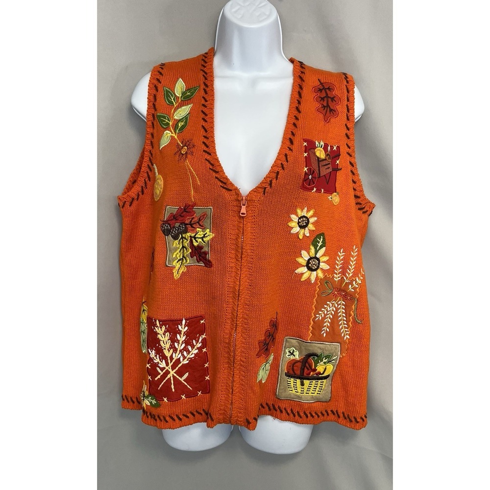 Holiday Editions Cardigan Vest Womens Large  Orange Fall Holiday Thanksgiving